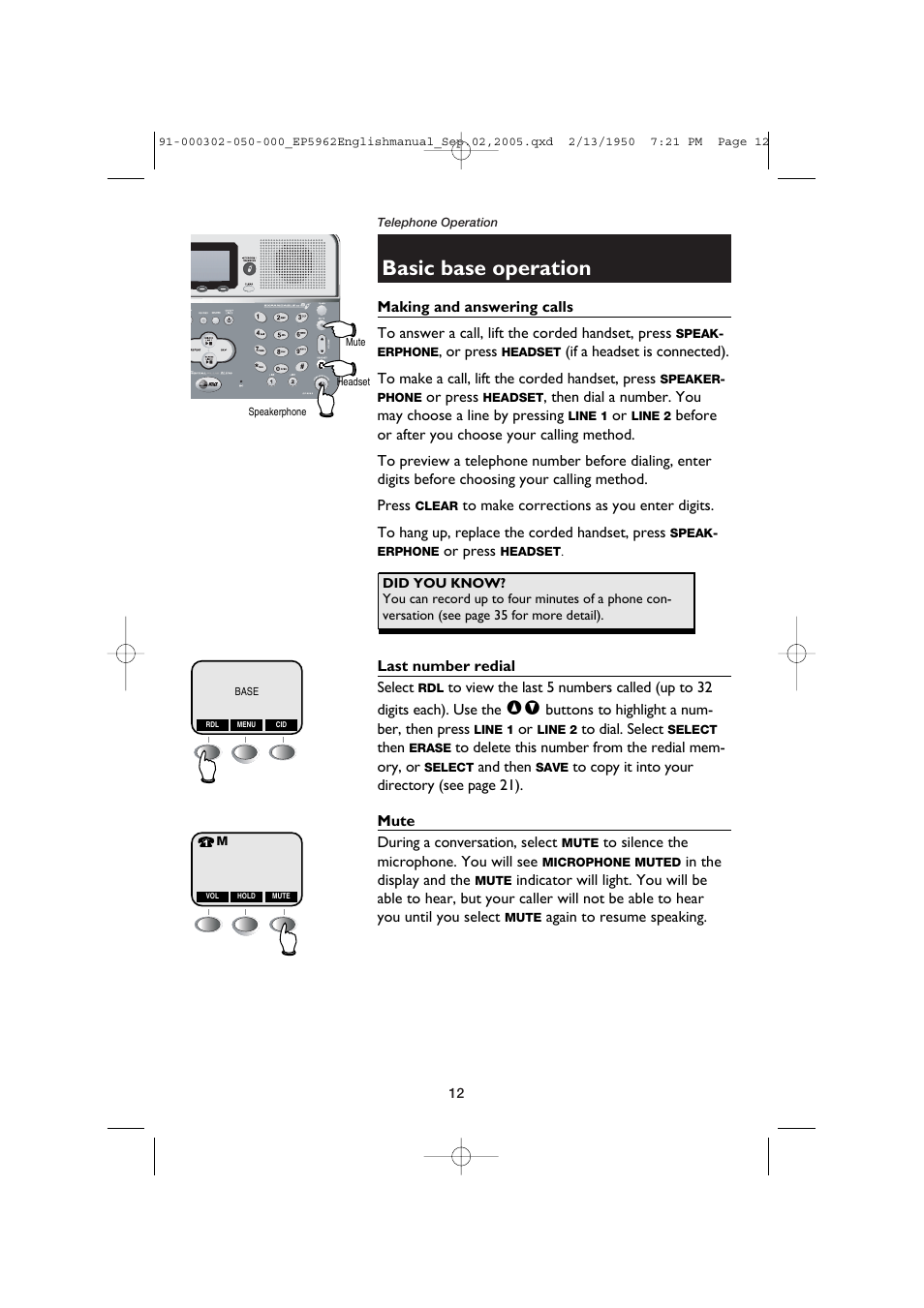 Basic base operation | AT&T P5962 User Manual | Page 14 / 53