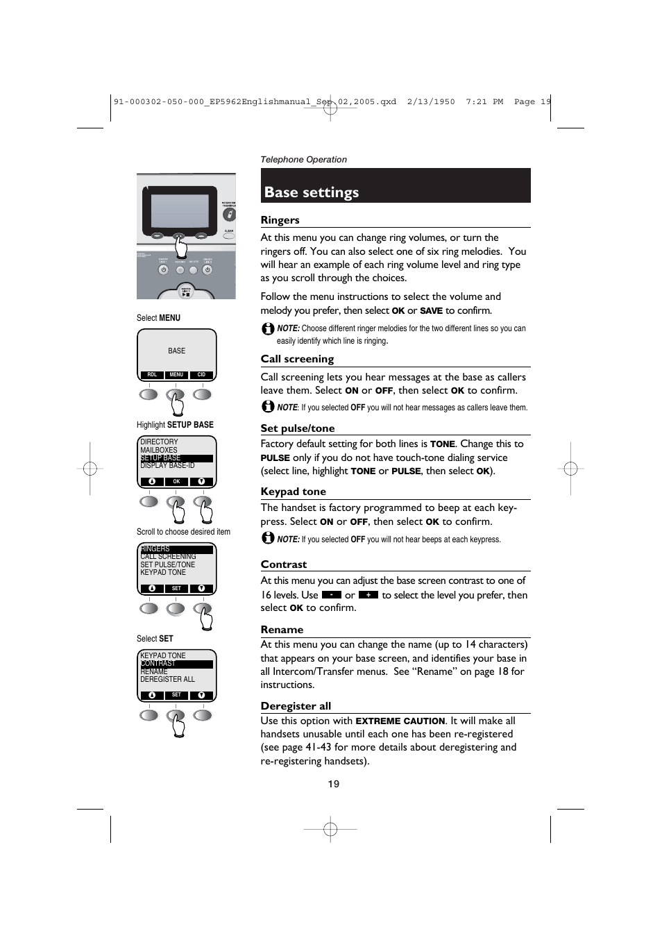 Base settings | AT&T P5962 User Manual | Page 21 / 53