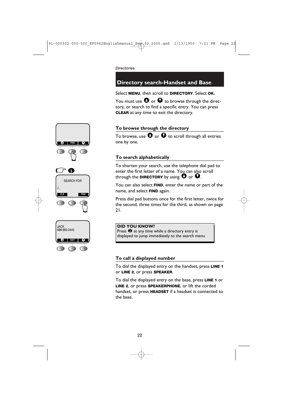 Directory search-handset and base | AT&T P5962 User Manual | Page 24 / 53