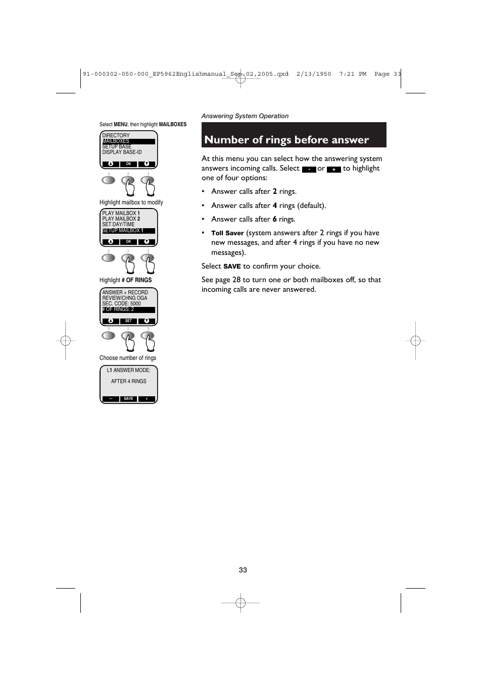 Number of rings before answer | AT&T P5962 User Manual | Page 35 / 53