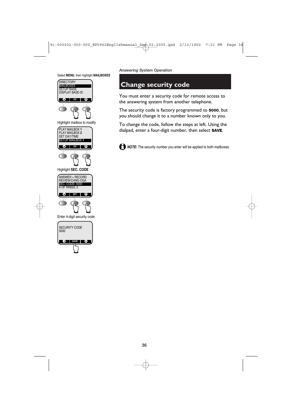 Change security code | AT&T P5962 User Manual | Page 38 / 53