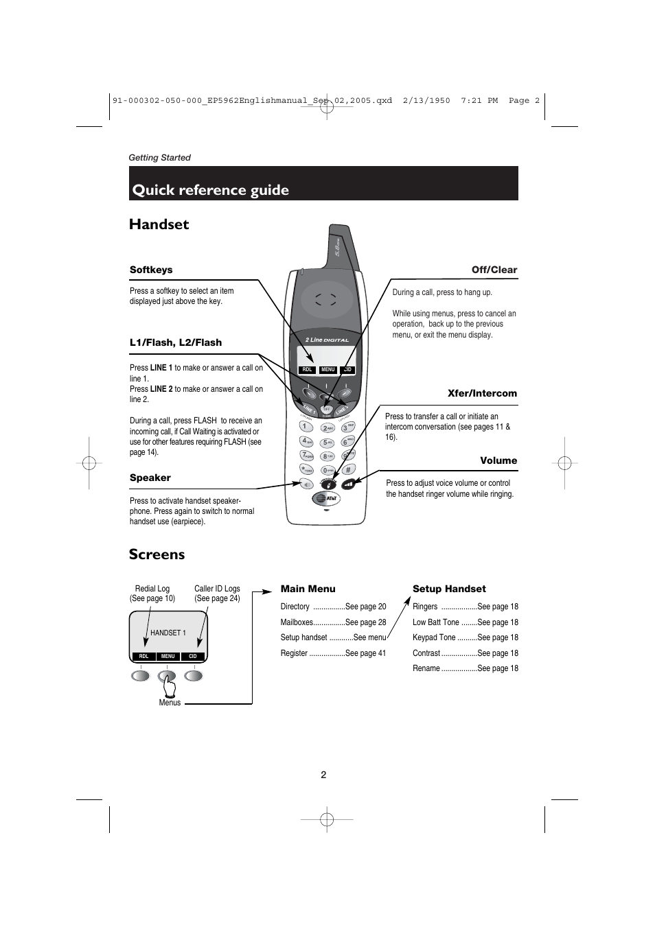 Quick reference guide, Handset, Screens | AT&T P5962 User Manual | Page 4 / 53