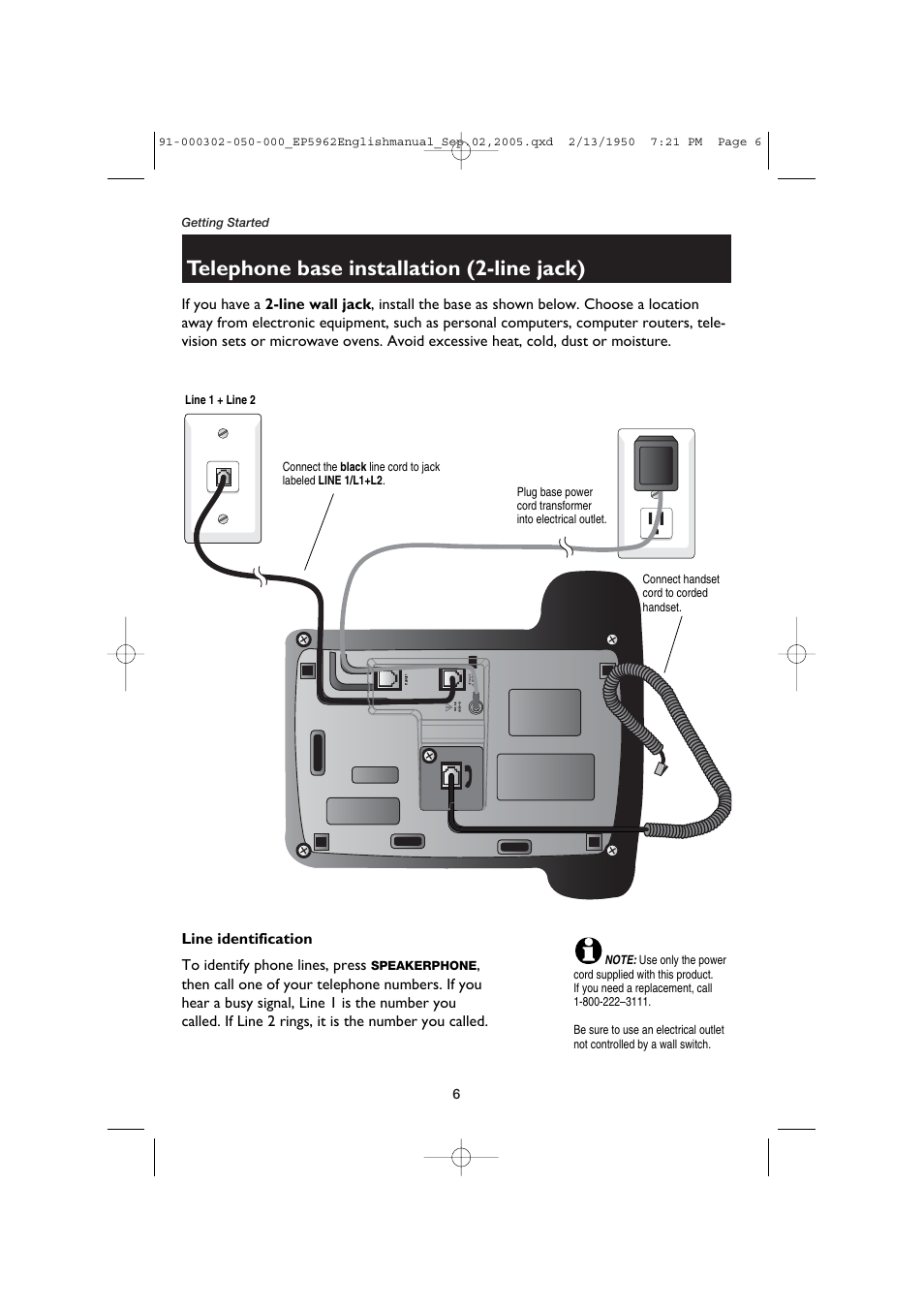 Telephone base installation (2-line jack) | AT&T P5962 User Manual | Page 8 / 53