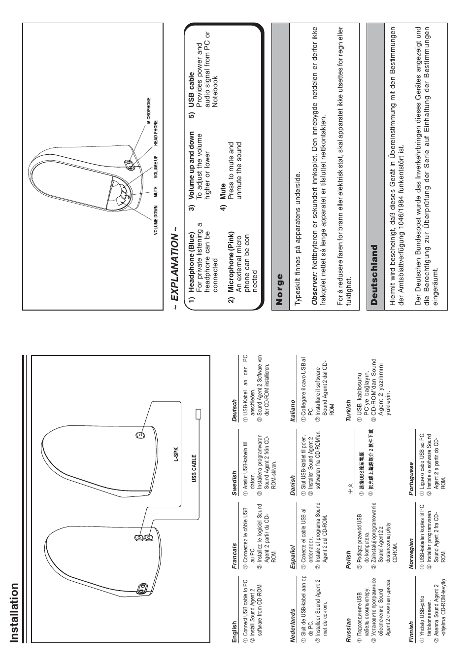 Installation, Explana tion, Nor g e | Deutsc hl and | Philips Enceintes multimédias 2.0 User Manual | Page 2 / 2