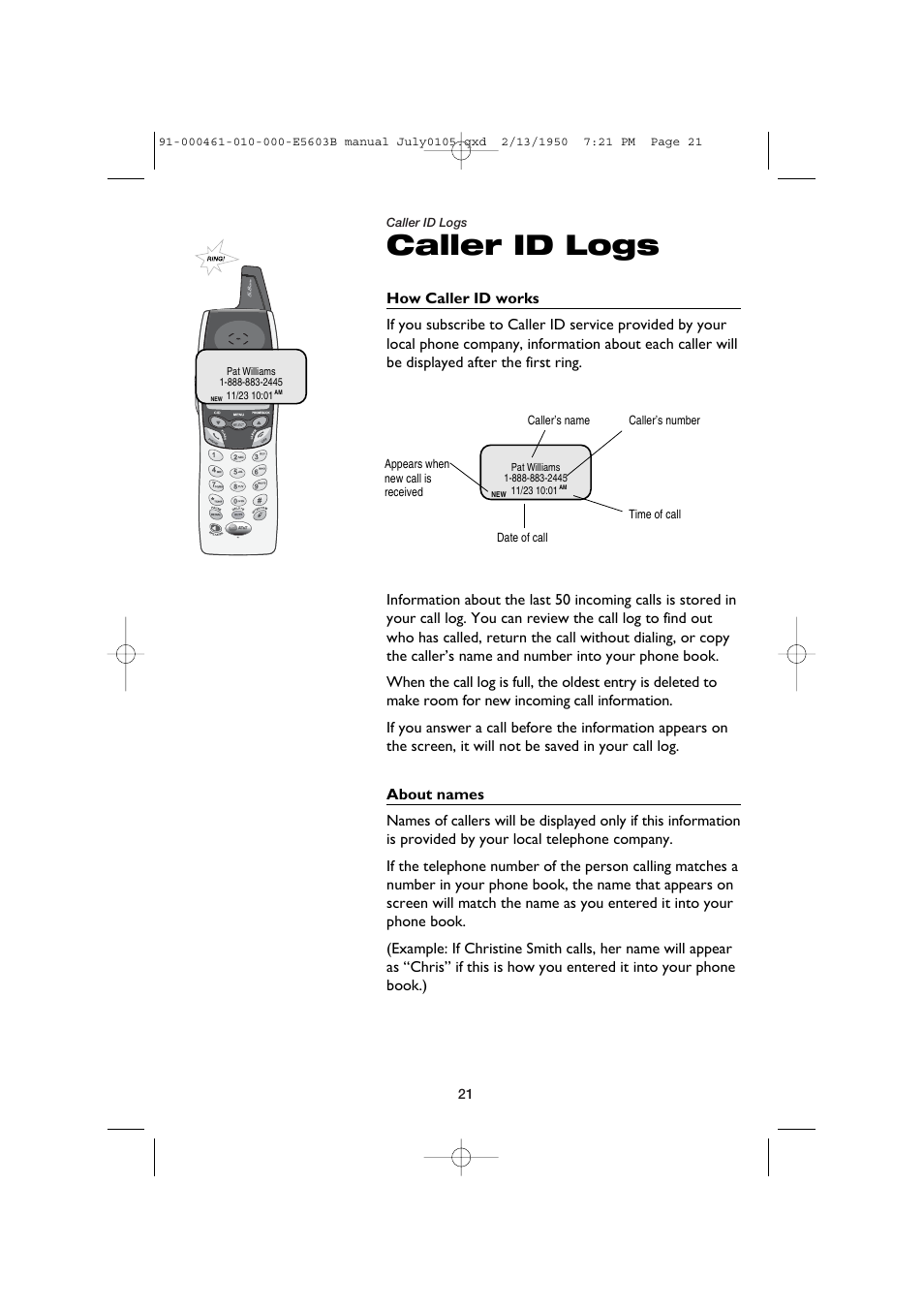 Caller id logs | AT&T E5600 User Manual | Page 23 / 32