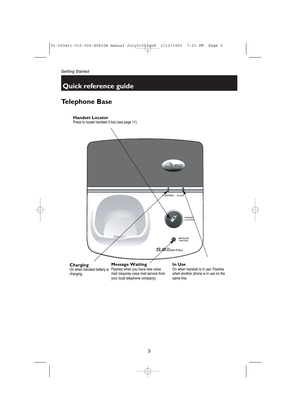 Quick reference guide telephone base | AT&T E5600 User Manual | Page 5 / 32