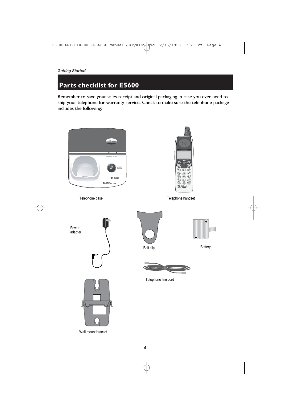 Parts checklist for e5600 | AT&T E5600 User Manual | Page 6 / 32