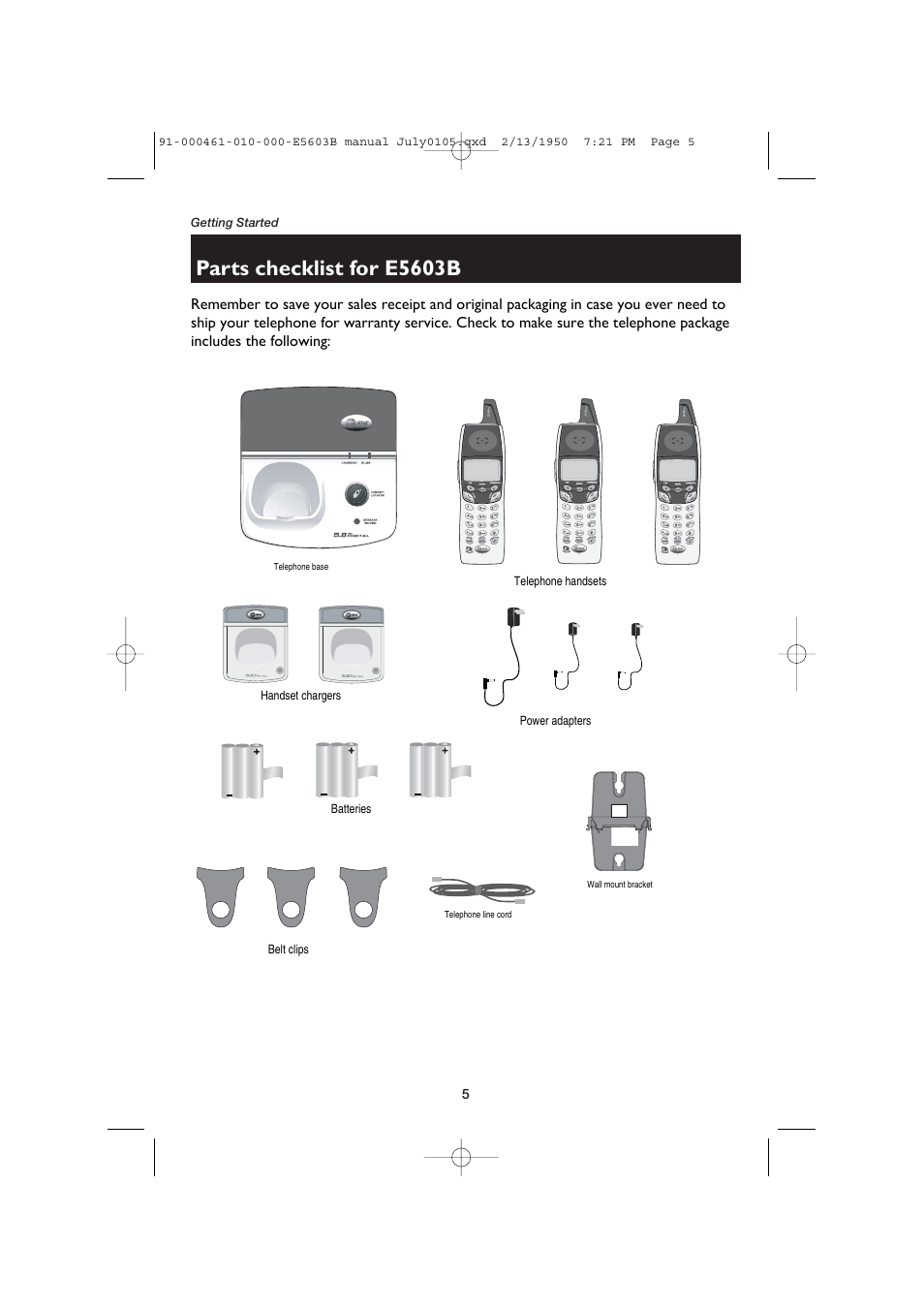 Parts checklist for e5603b | AT&T E5600 User Manual | Page 7 / 32