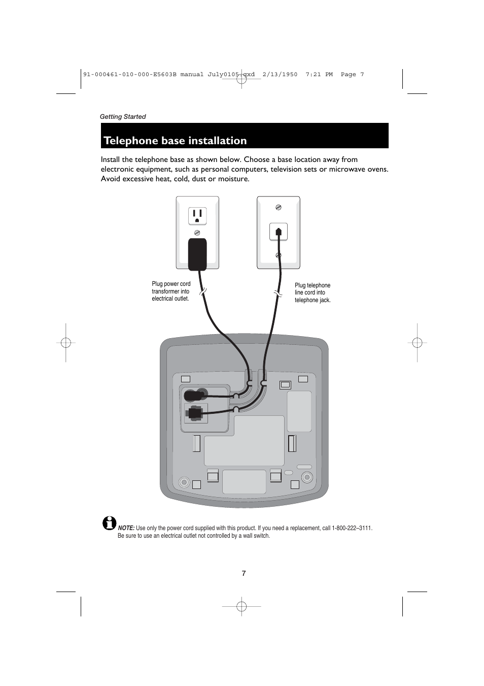 Telephone base installation | AT&T E5600 User Manual | Page 9 / 32