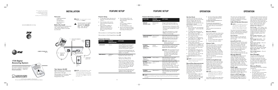 AT&T 1738 Answering System User Manual | 2 pages