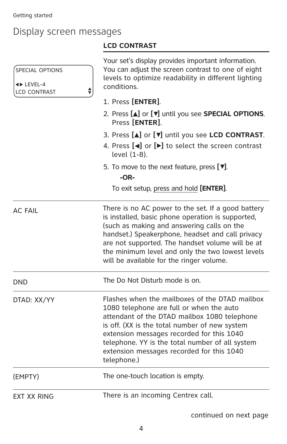 Display screen messages | AT&T 1040 User Manual | Page 10 / 74