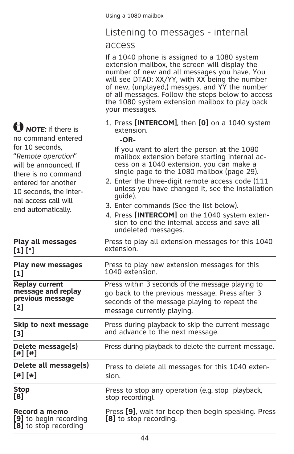 Listening to messages - internal access | AT&T 1040 User Manual | Page 50 / 74