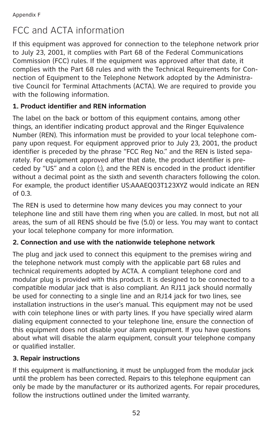 Fcc and acta information | AT&T 1040 User Manual | Page 58 / 74