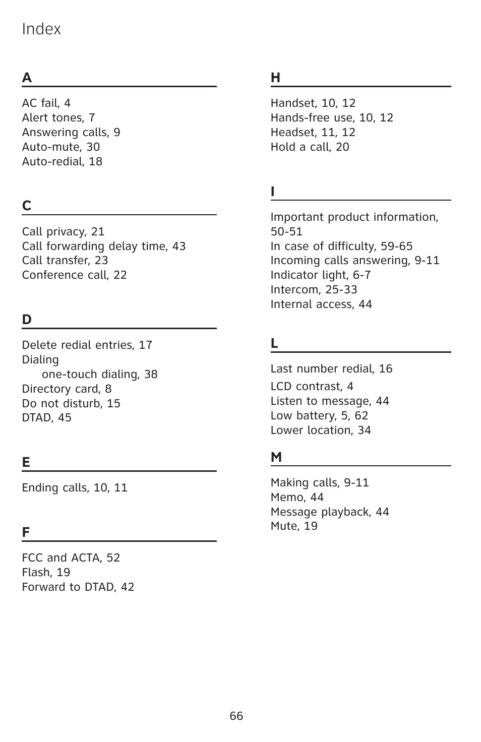 Index | AT&T 1040 User Manual | Page 72 / 74