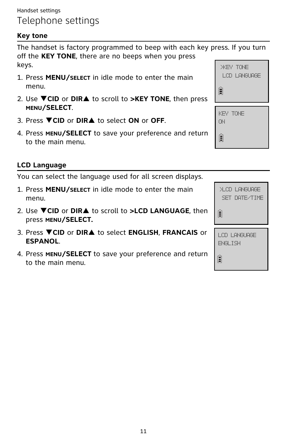 Key tone lcd language, Telephone settings | AT&T CL82659 User Manual | Page 16 / 77