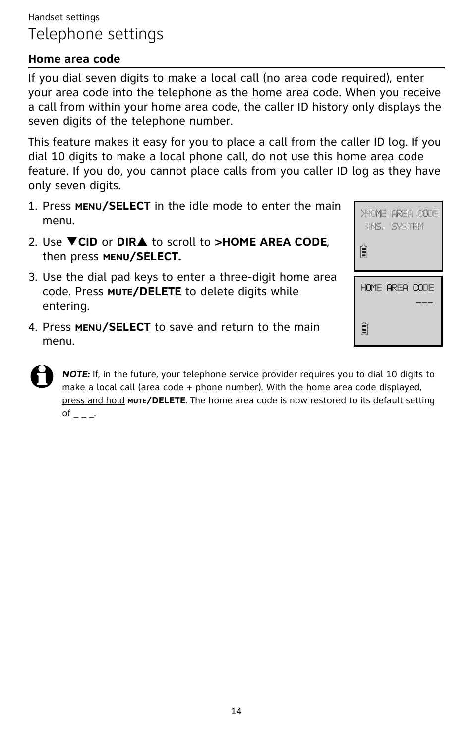 Home area code, Telephone settings | AT&T CL82659 User Manual | Page 19 / 77