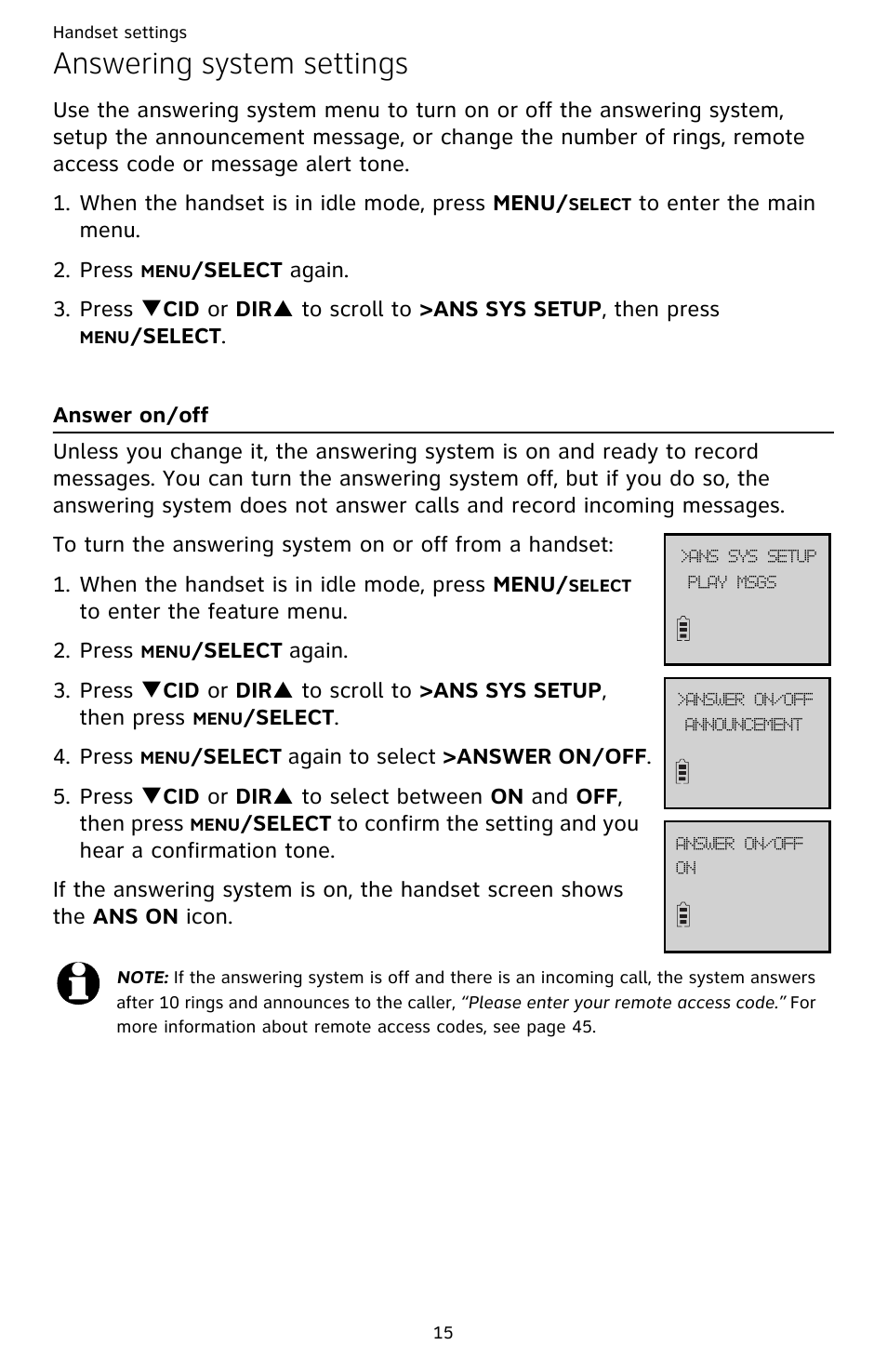 Answering system settings, Answer on/off | AT&T CL82659 User Manual | Page 20 / 77