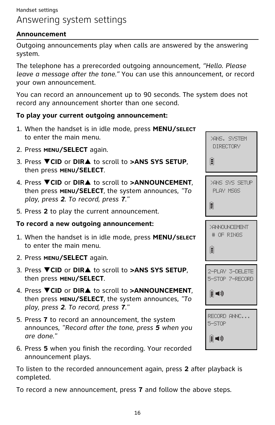 Announcement, Answering system settings | AT&T CL82659 User Manual | Page 21 / 77