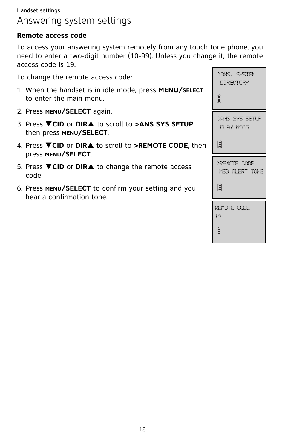 Remote access code, Answering system settings | AT&T CL82659 User Manual | Page 23 / 77