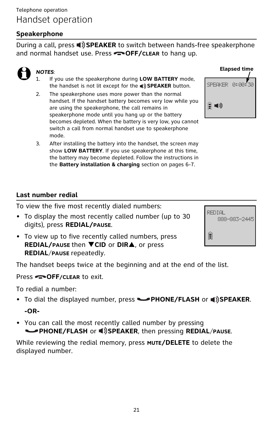 Handset operation, Speakerphone last number redial | AT&T CL82659 User Manual | Page 26 / 77