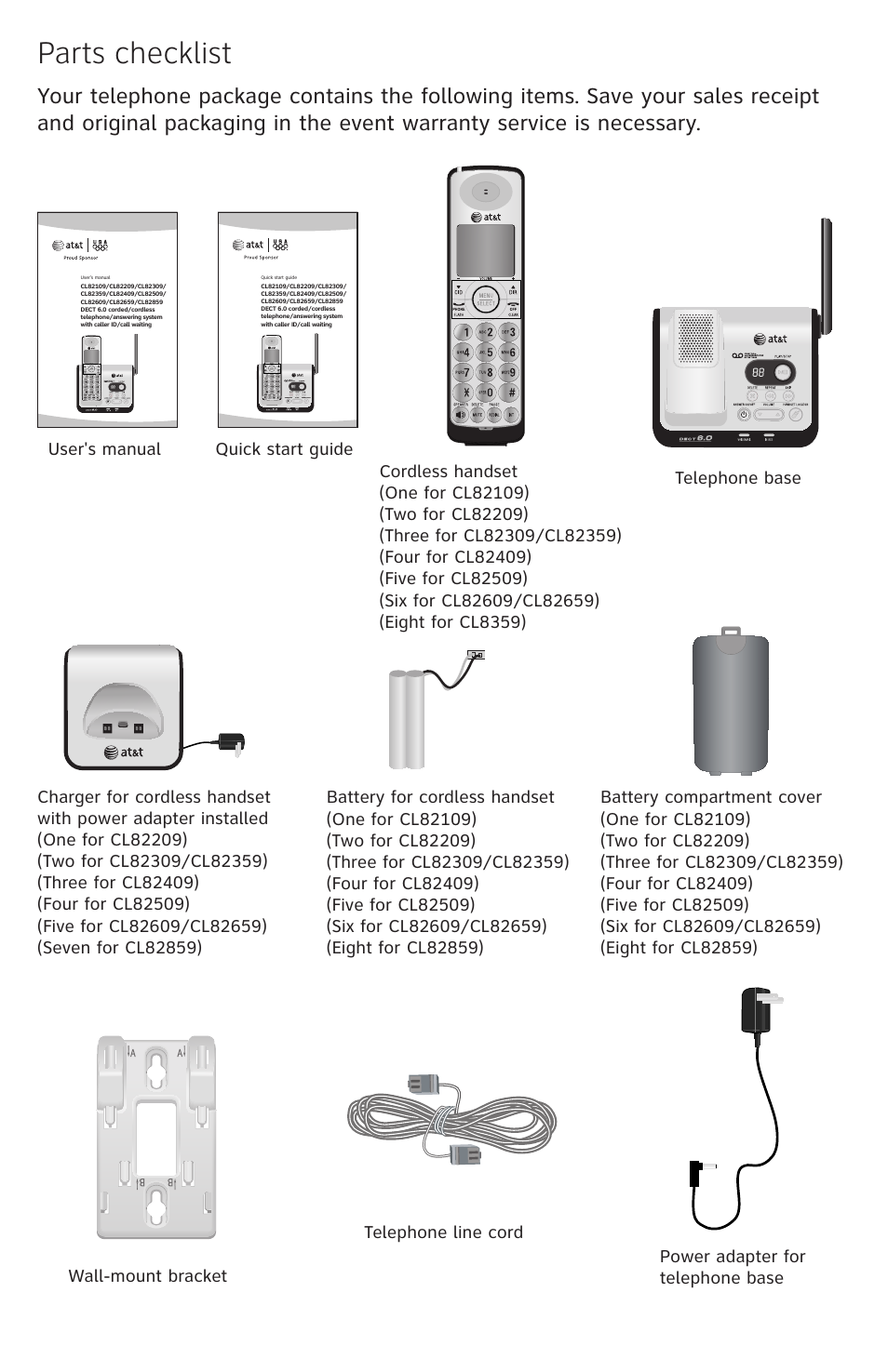 Parts checklist | AT&T CL82659 User Manual | Page 3 / 77