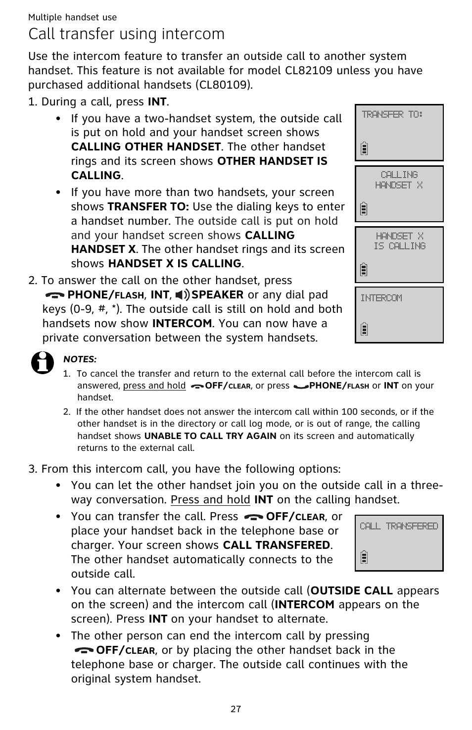 Call transfer using intercom | AT&T CL82659 User Manual | Page 32 / 77