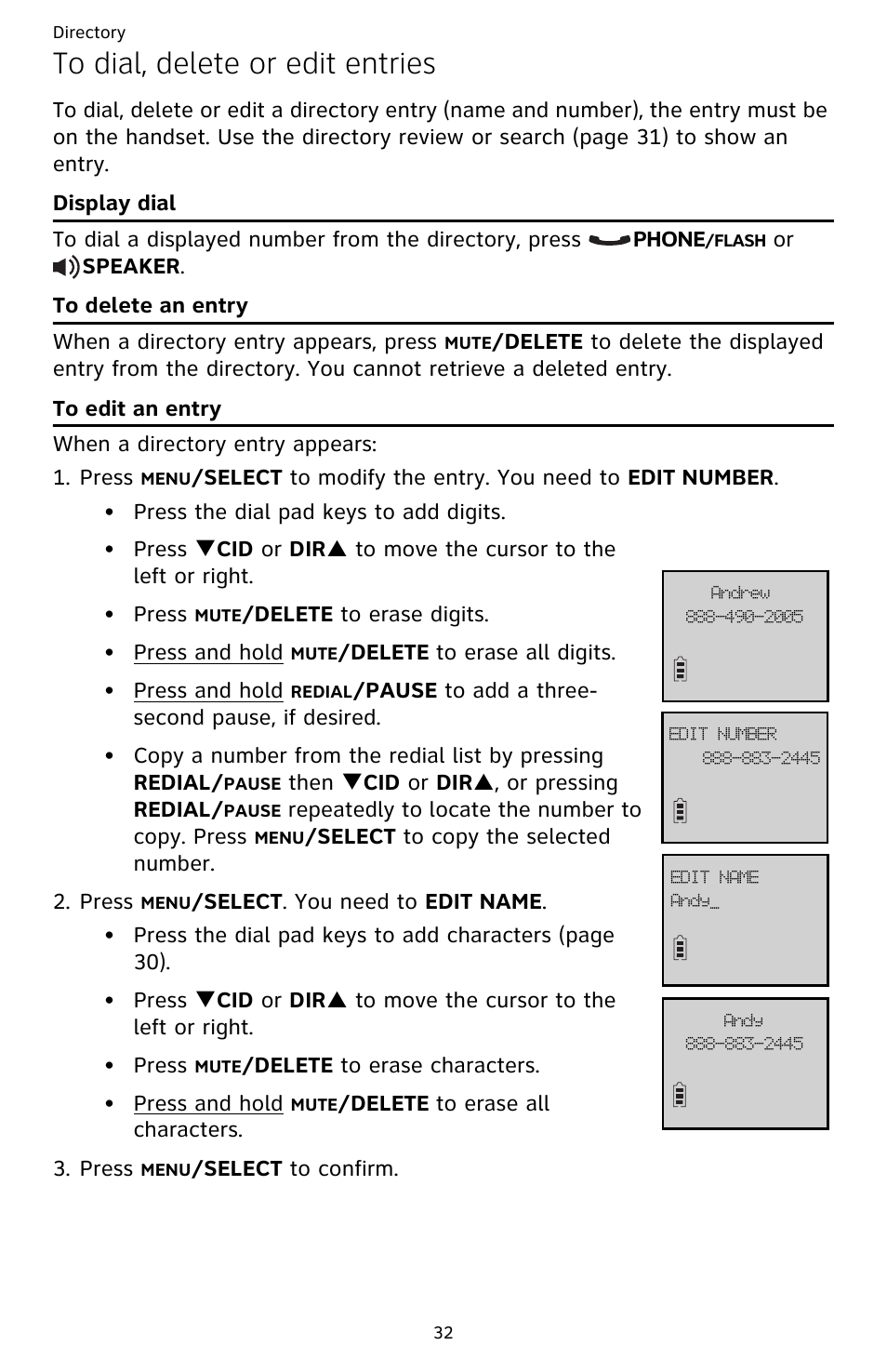 To dial, delete or edit entries, Display dial to delete an entry to edit an entry | AT&T CL82659 User Manual | Page 37 / 77