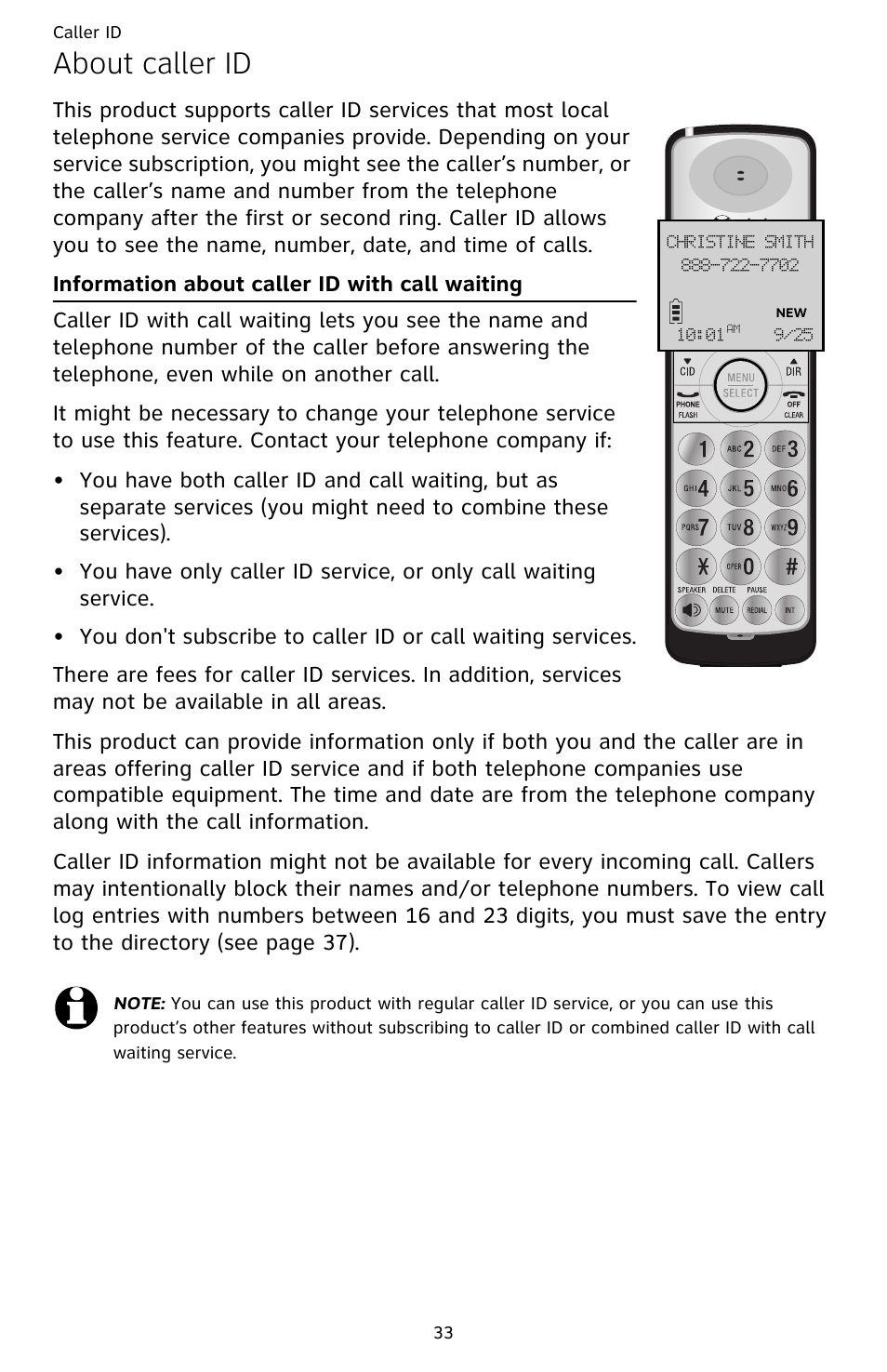 About caller id, Caller id, Information about caller id with call waiting | AT&T CL82659 User Manual | Page 38 / 77