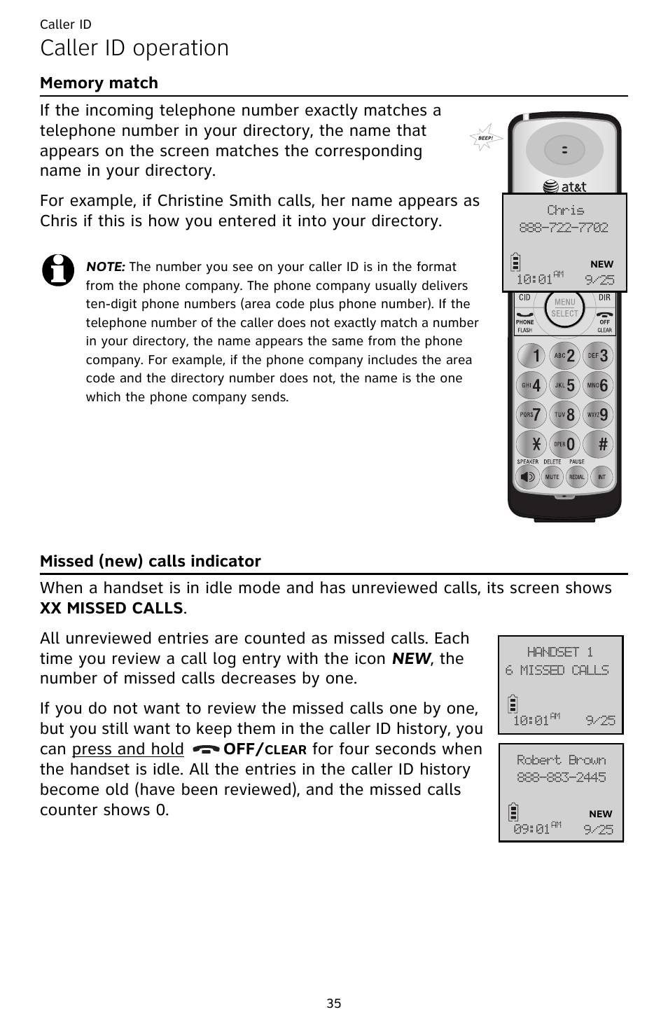 Caller id operation, Memory match missed (new) calls indicator | AT&T CL82659 User Manual | Page 40 / 77