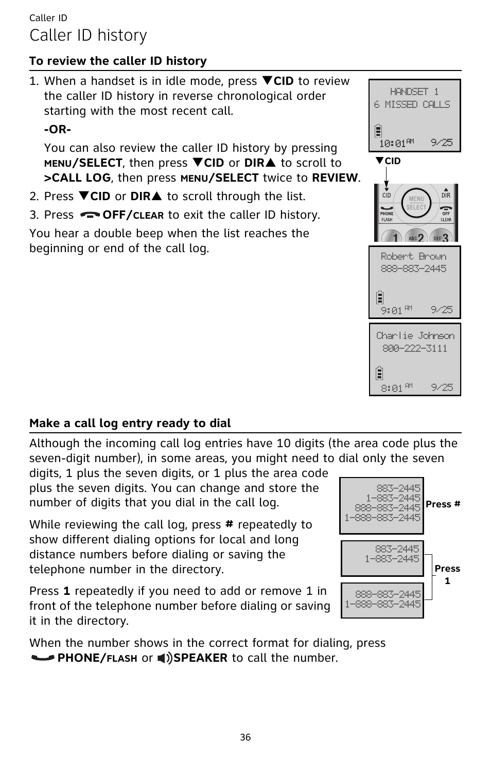 Caller id history, Or speaker to call the number | AT&T CL82659 User Manual | Page 41 / 77