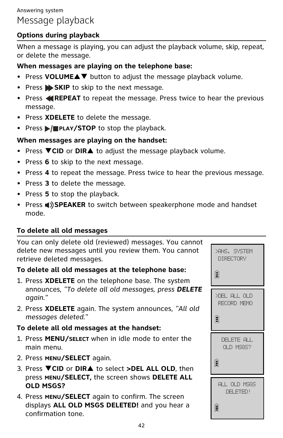 Options during playback to delete all old messages, Message playback | AT&T CL82659 User Manual | Page 47 / 77