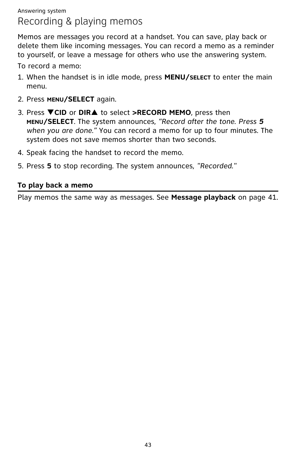 Recording & playing memos, To play back a memo | AT&T CL82659 User Manual | Page 48 / 77