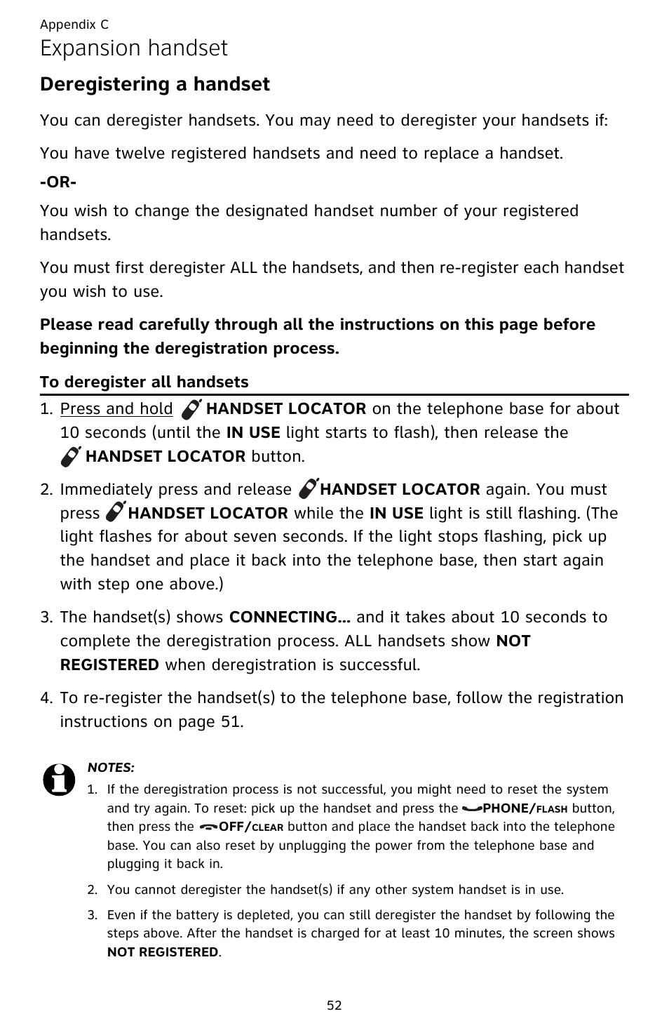 Expansion handset, Deregistering a handset | AT&T CL82659 User Manual | Page 57 / 77