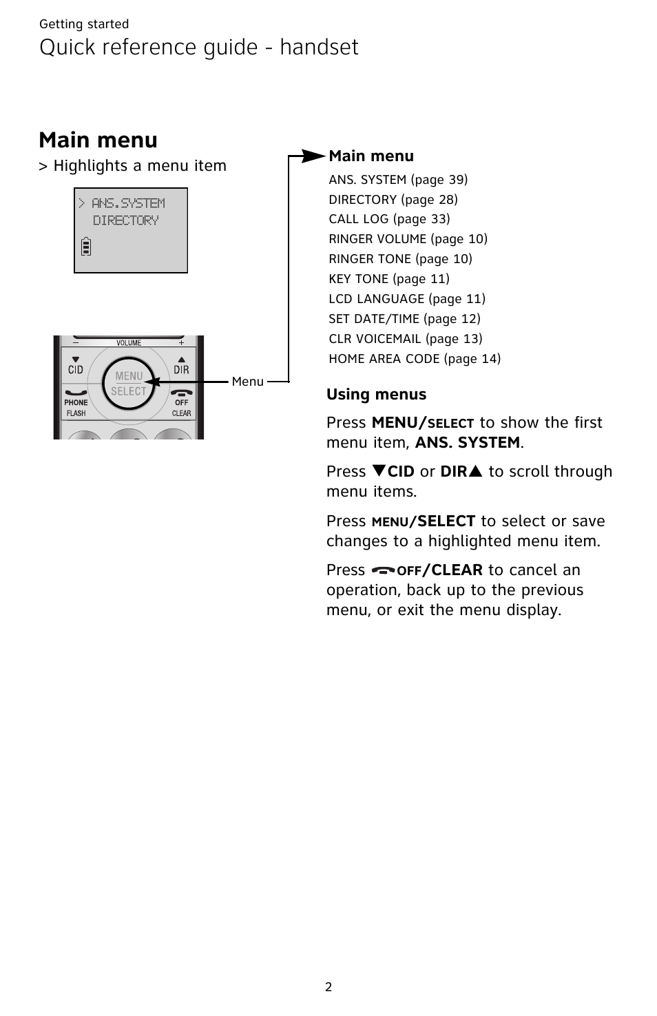 Quick reference guide - handset main menu | AT&T CL82659 User Manual | Page 7 / 77