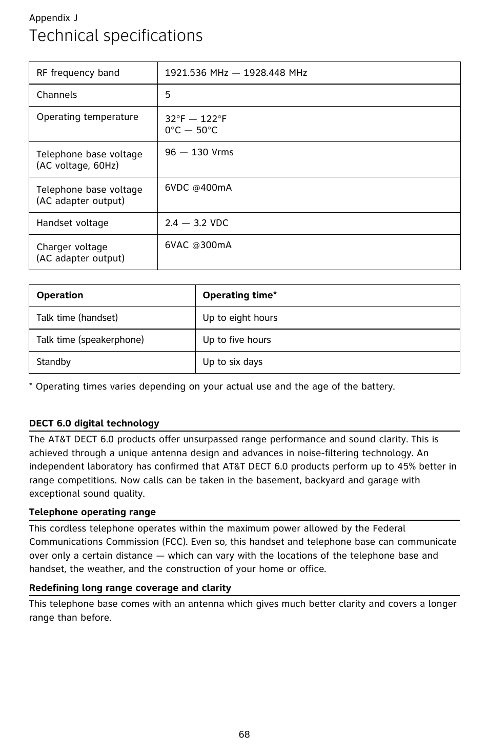 Technical specifications, Dect 6.0 digital technology | AT&T CL82659 User Manual | Page 73 / 77