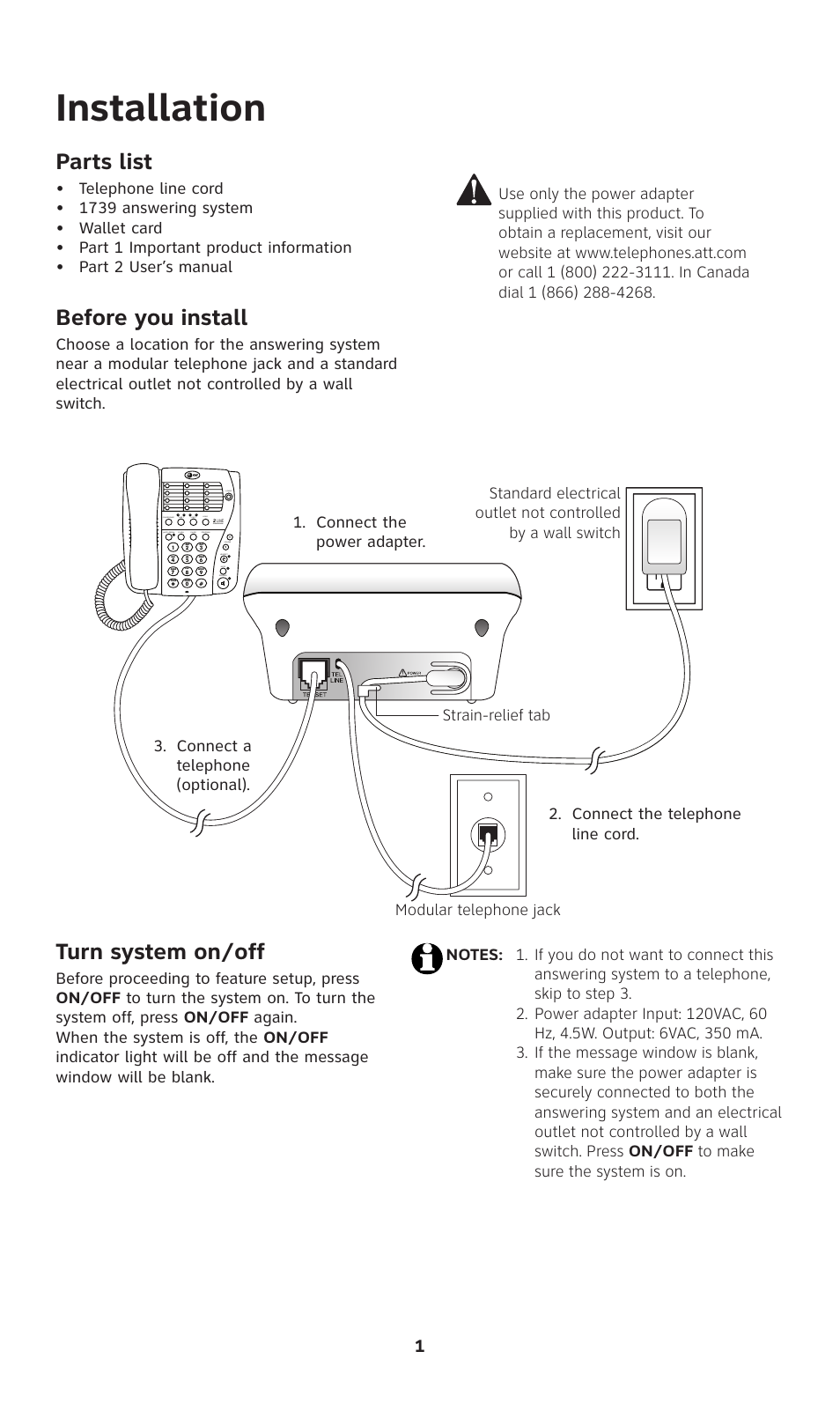 Installation, Parts list, Before you install | Turn system on/off | AT&T 1739 User Manual | Page 2 / 12