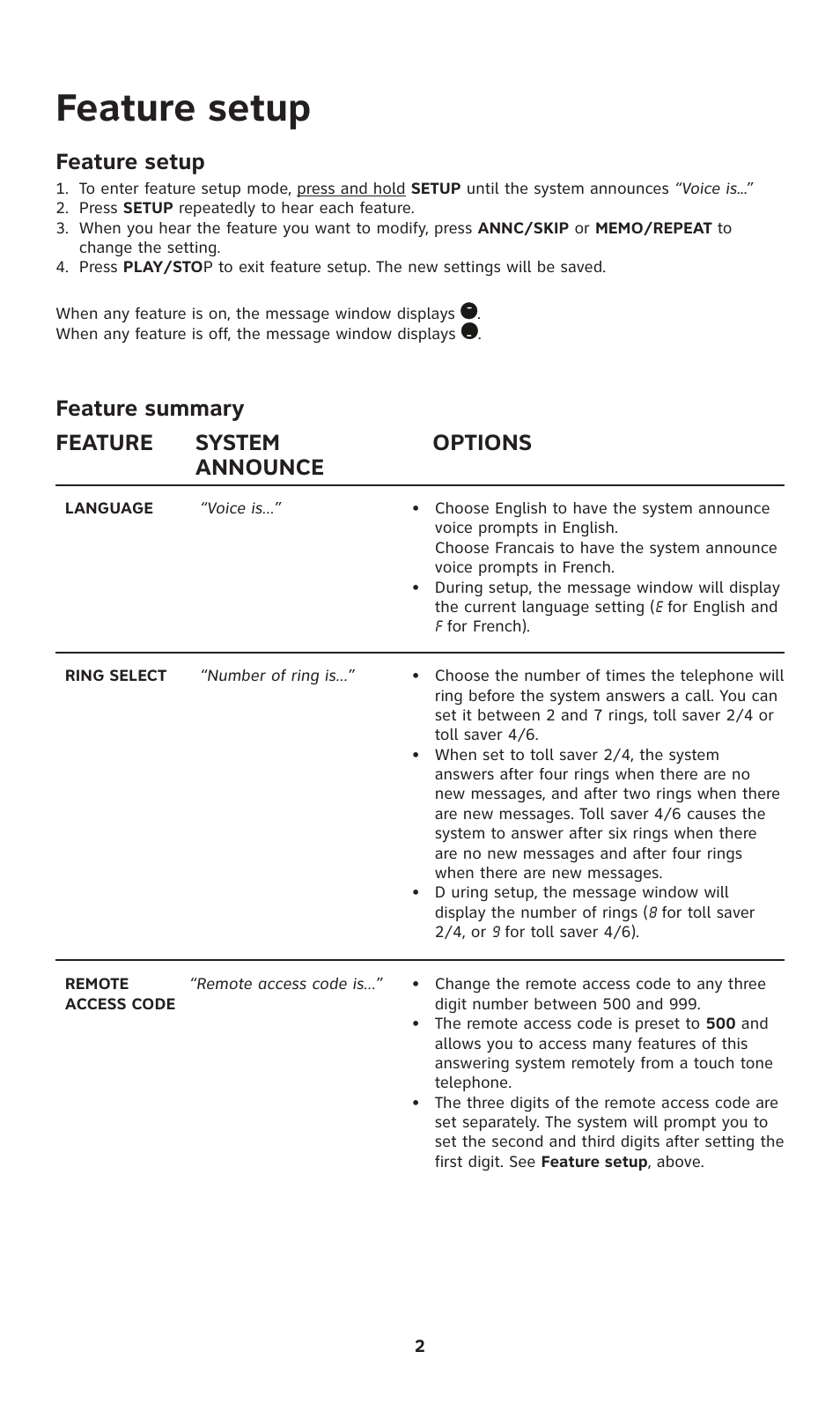 Feature setup, Feature summary feature system options announce | AT&T 1739 User Manual | Page 3 / 12