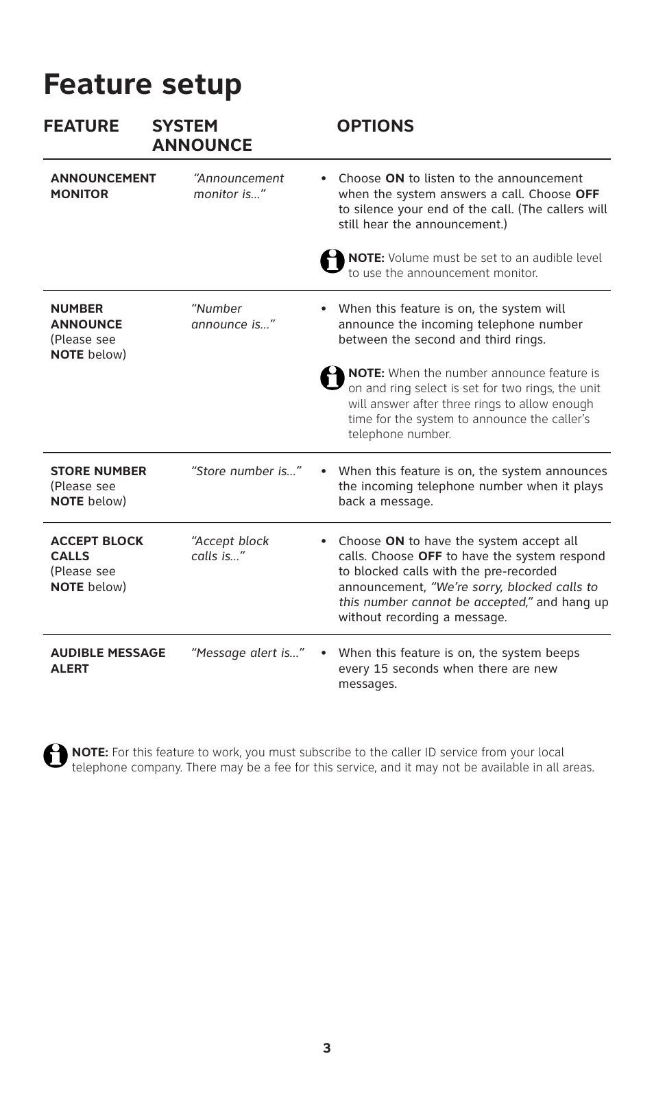 Feature setup, Feature system options announce | AT&T 1739 User Manual | Page 4 / 12