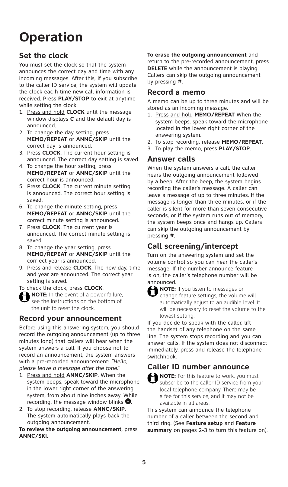 Operation, Set the clock, Record your announcement | Answer calls, Call screening/intercept, Caller id number announce | AT&T 1739 User Manual | Page 6 / 12