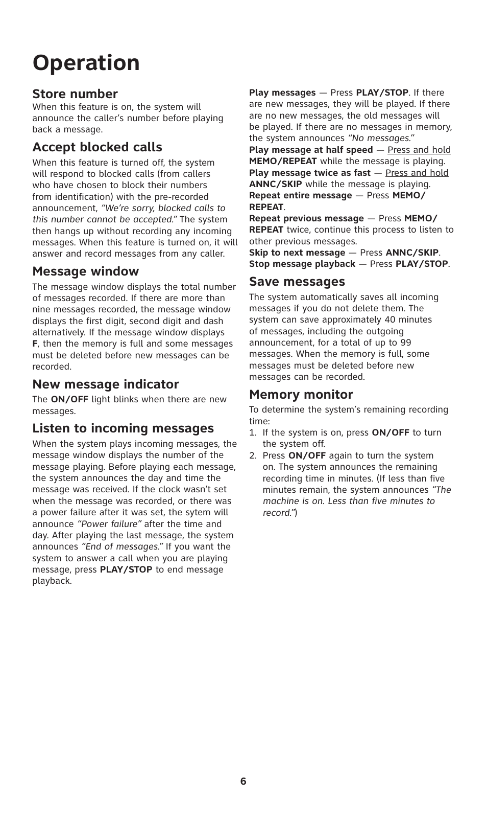 Operation, Store number, Accept blocked calls | Message window, New message indicator, Listen to incoming messages, Save messages | AT&T 1739 User Manual | Page 7 / 12