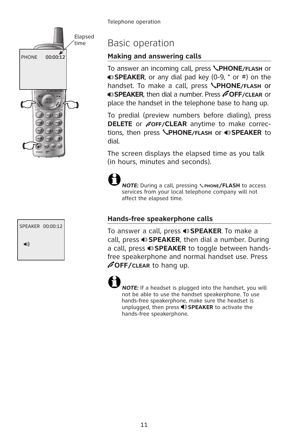 Telephone operation, Basic operation, Making and answering calls | Hands-free speakerphone calls | AT&T E2811 User Manual | Page 14 / 65