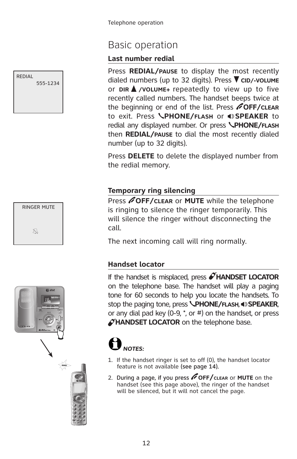 Last number redial, Temporary ring silencing, Handset locator | Basic operation | AT&T E2811 User Manual | Page 15 / 65