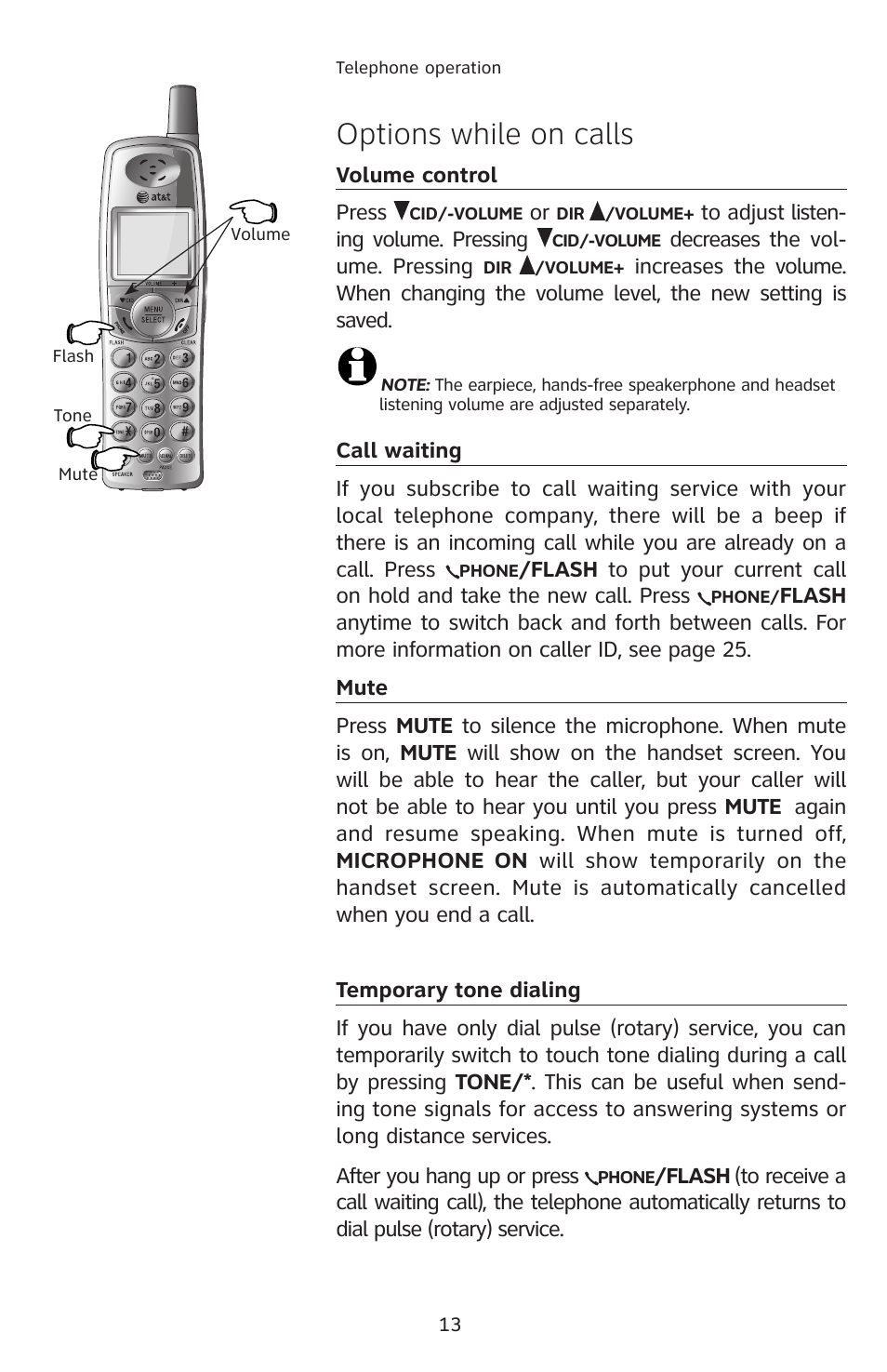 Options while on calls, Volume control, Call waiting | Mute, Temporary tone dialing | AT&T E2811 User Manual | Page 16 / 65