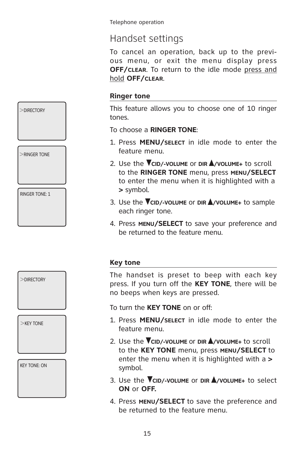 Ringer tone, Key tone, Handset settings | AT&T E2811 User Manual | Page 18 / 65