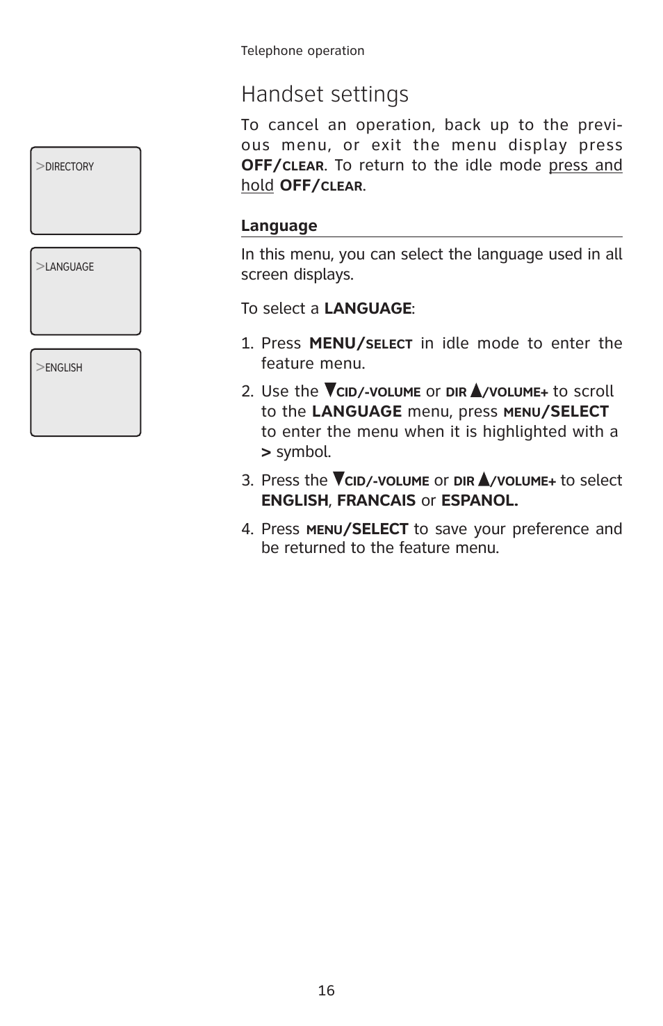 Language, Handset settings | AT&T E2811 User Manual | Page 19 / 65