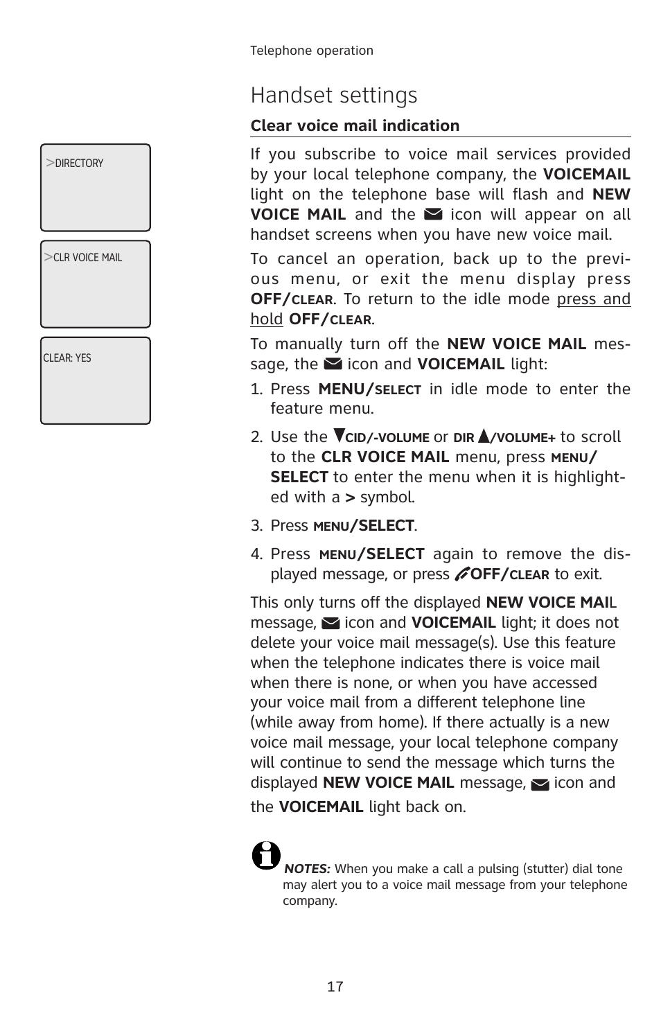 Clear voice mail indication, Handset settings | AT&T E2811 User Manual | Page 20 / 65