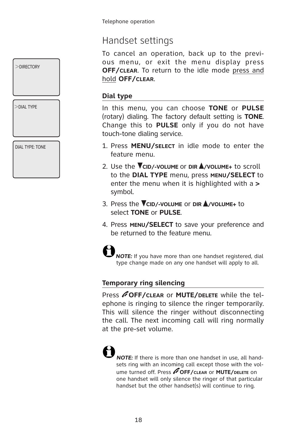 Dial type, Temporary ring silencing, Handset settings | AT&T E2811 User Manual | Page 21 / 65