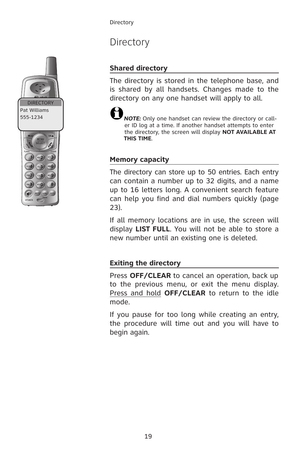 Directory, Shared directory, Memory capacity | Exiting the directory | AT&T E2811 User Manual | Page 22 / 65