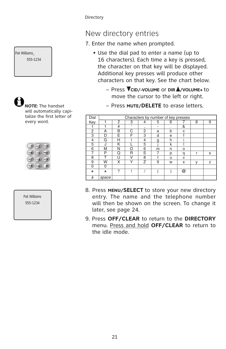 New directory entries, Delete to erase letters, Press | Select | AT&T E2811 User Manual | Page 24 / 65