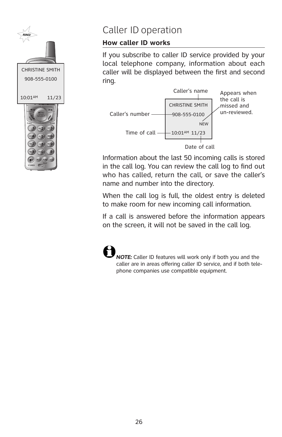 How caller id works, Caller id operation | AT&T E2811 User Manual | Page 29 / 65